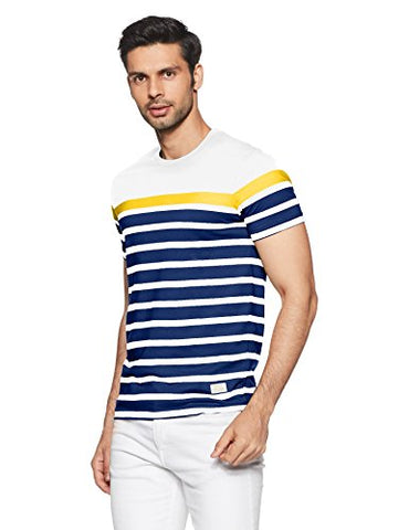United Colors of Benetton Men's Striped Regular Fit T-Shirt (18P3ENGJ3006I_White_Large)